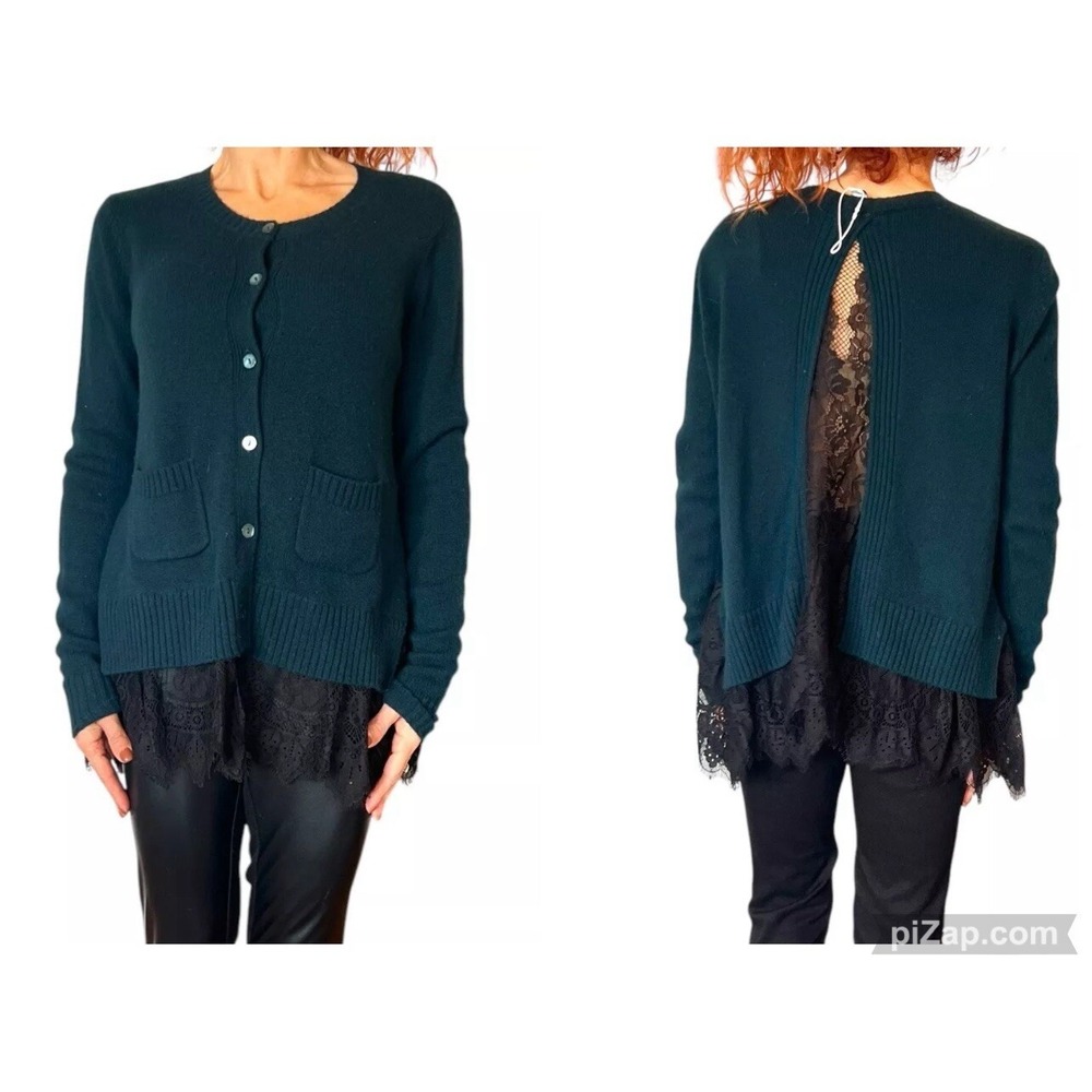 AUTUMN‎ CASHMERE LUXURY CASHMERE GREEN CARDIGAN SWEATER LACE HEM & BACK MEDIUM